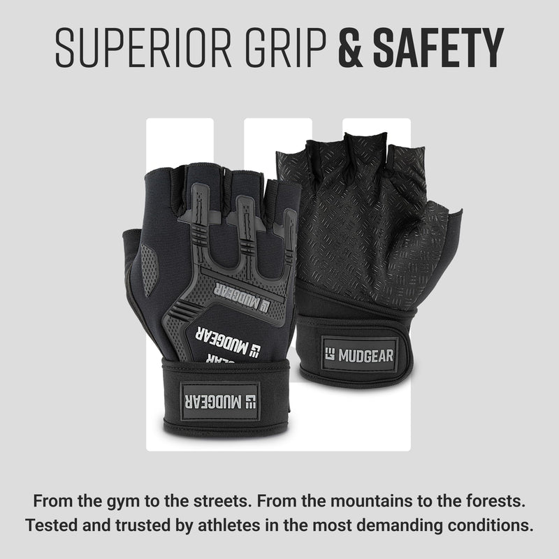 MudGear Gloves - Durable Fingerless Workout Gloves with Wrist Support for Obstacle Races and Fitness Training, Improves Grip, Protects Hands, Boosts Performance Black Large