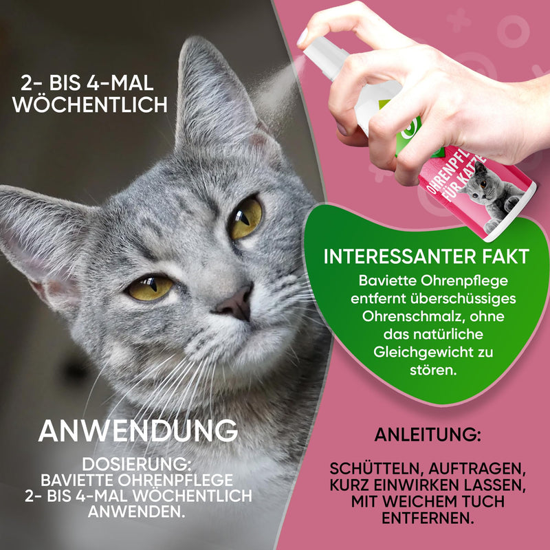 Baviette Cat Care – 100 ml Natural Ear Cleaner for Cats – Care Spray with Microorganisms, Probiotic-Inspired – For Outer Ear Care – Odourless, Alcohol-Free & pH-Neutral