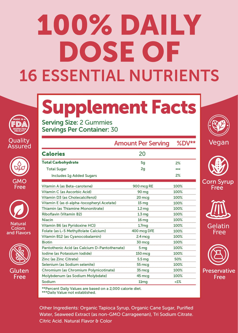 Lunakai USA Made Womens Multivitamin Gummies - Delicious Daily Dose with 16 Multi Vitamins for Women - Energy & Immune Support, Non-GMO, 60 Ct 60 Count (Pack of 1) Strawberry Multivitamin Gummies