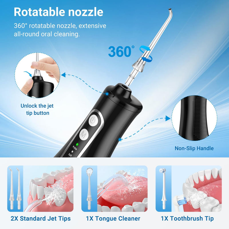 Cordless Oral Irrigator Water Flosser for Teeth, Gums & Braces - 4 Modes, 300ML Tank, 360° Rotatable Nozzle, IPX7 Waterproof, USB Rechargeable 2000mAh Battery for Home & Travel (M149 Pro - Black)