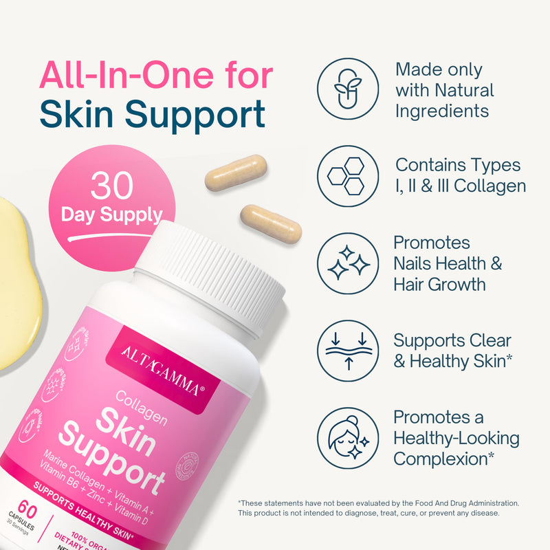 Skin Support Supplement - Hair Growth Vitamins for Women & Men - Nail Strengthener and Growth - Healthy Hair Skin and Nails Vitamins with Collagen - Non-GMO, 60 Capsules | 30 Day Supply