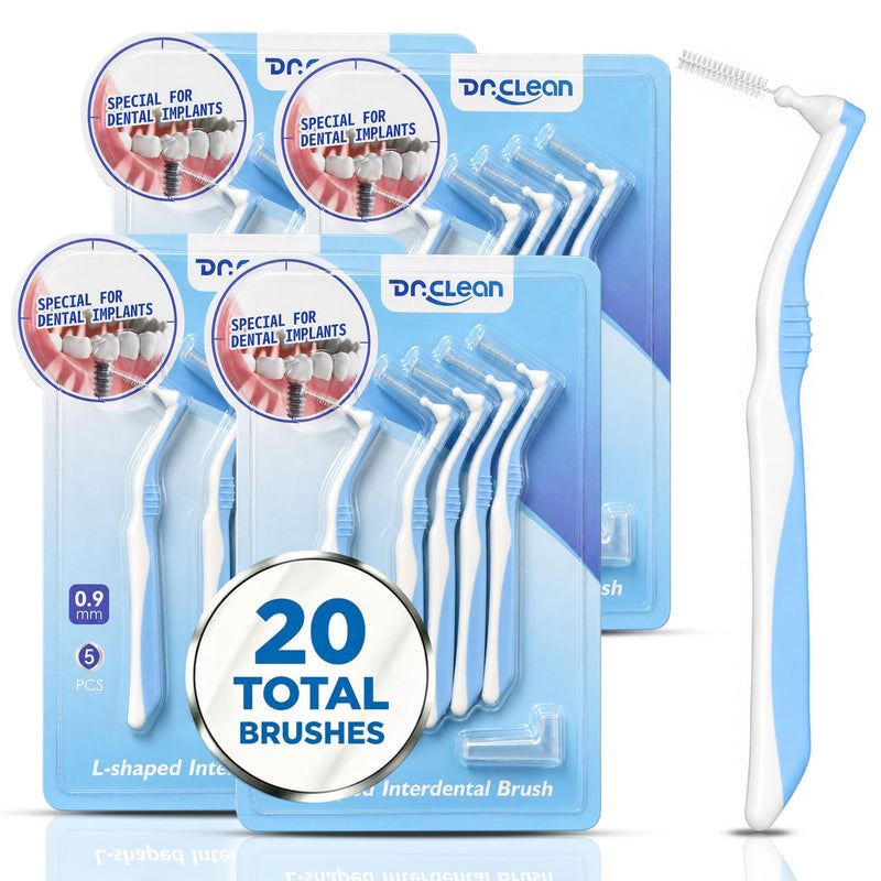 DR.CLEAN Angled Interdental Brushes (0.9mm Tight Teeth Gaps),Interproximal Dental Brush for Braces and Tight Gaps, Long Handle L-Shaped Cleaner for Back Teeth, Bridges and Implants 4 Boxes / 20 Pieces
