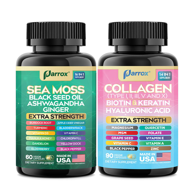 Sea Moss & Collagen Support Bundle, Black Seed Oil, Radiant Wellness Set | Black Seed Oil, Ashwagandha, Ginger, Collagen I-X, Biotin, Keratin, Burdock, Turmeric, Vitamin D3, Magnesium 150 Count (Pack of 2)