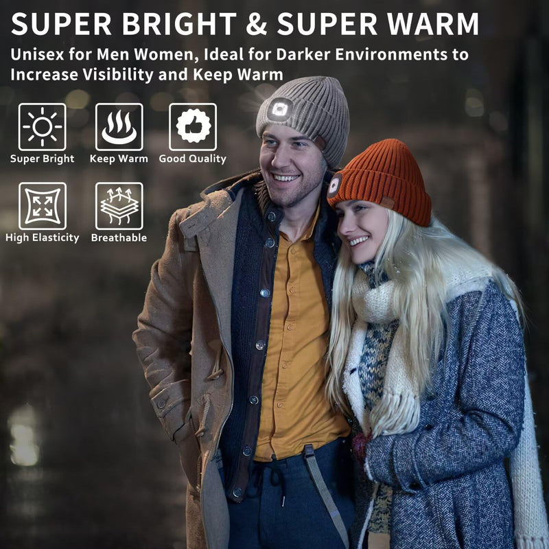 Beanie with Light for Men 2 Pack, Hat with Light Built in Rechargeable Winter Warm Knitted Headlamp Caps, Gift for Men Dads Husband Led Beanie Hats with Light(Black&Light Gray) One Size Black&light Gray
