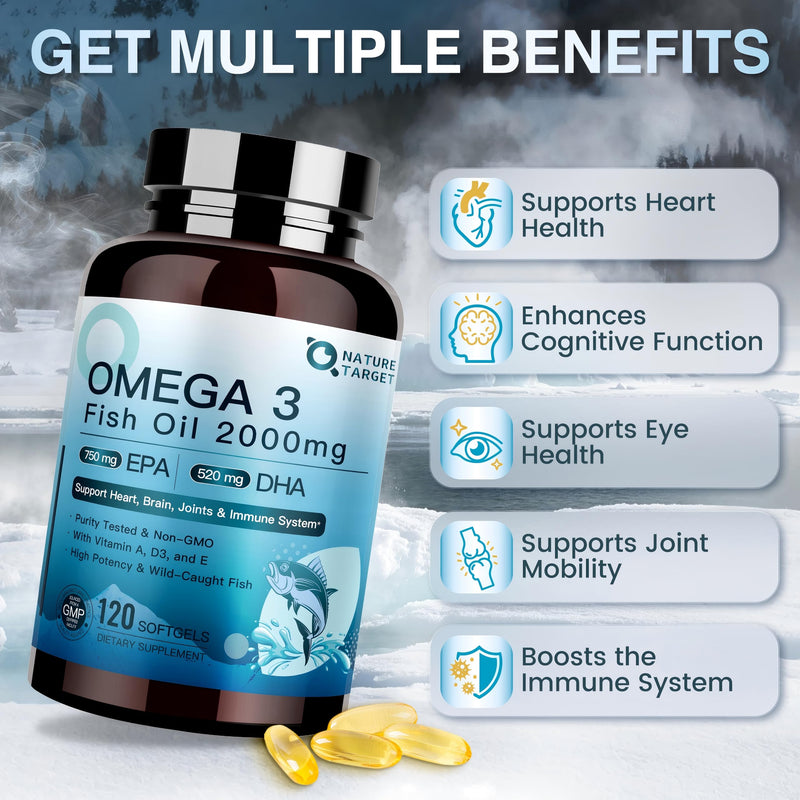 NATURE TARGET Omega 3 Fish Oil 2000mg with Vitamin D3, A, E, 120 Softgels | EPA and DHA with Vitamins D3, E, and A, Max Absorption, Supports Heart, Brain, and Immune Health, Non-GMO Formula 120 Count (Pack of 1)