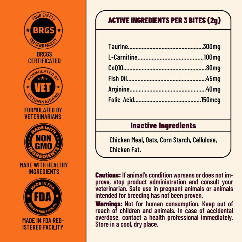 Cat Cardio Bites - 15% Taurine for Cats with CoQ10, L-Carnitine & Fish Oil - Immune & Heart Support, Cardiovascular & Vision Health, for All Breeds Including Kittens & Senior Cats, 7.76 oz
