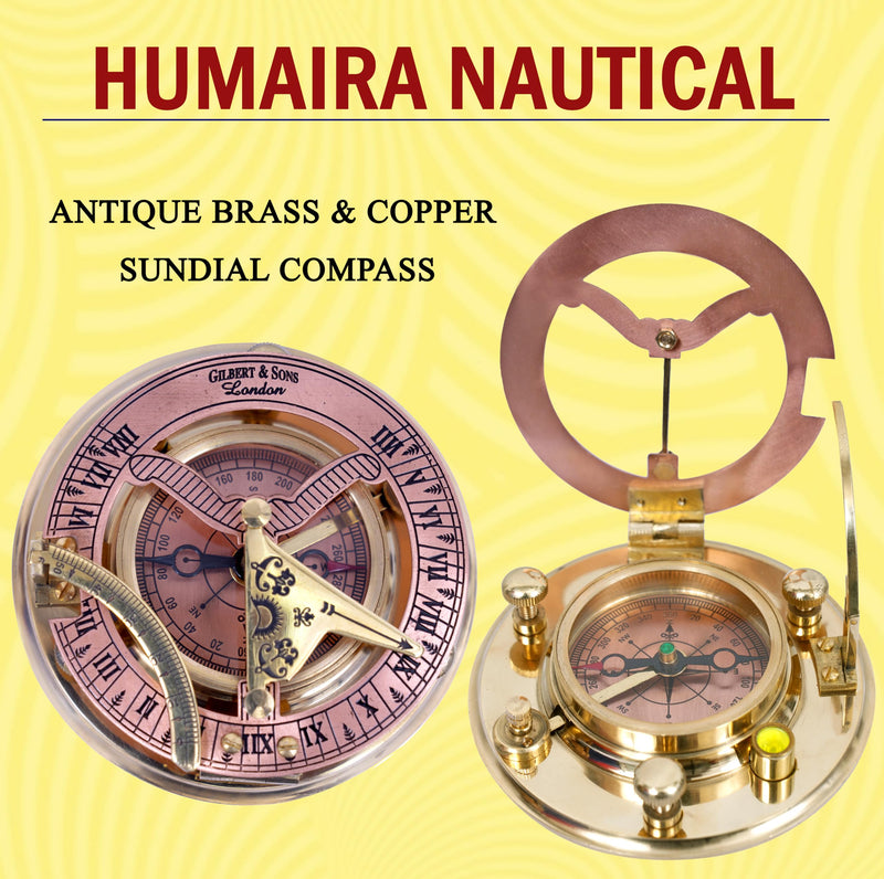 Humaira Nautical Vintage Brass Sundial Compass with Copper Dial & Leather Box Handmade Sun Clock Maritime Navigation Compass Gift - BeesActive Australia