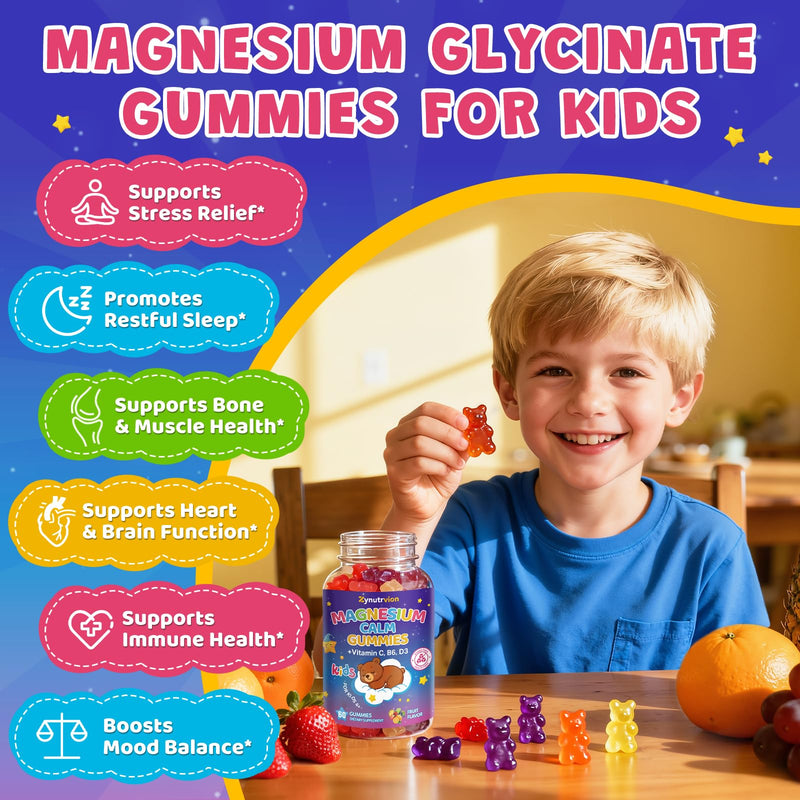 Magnesium Glycinate Gummies for Kids & Adults - Sugar Free Fruit Flavor, 60ct, Magnesium Supplement with L-Theanine, Vitamin B6, D3, Supports Sleep, Stress Relief, Muscle, Calm & Relaxation Health