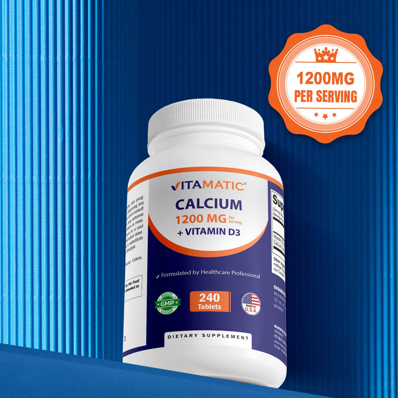 Vitamatic Calcium 1200mg with Vitamin D3 2000 IU (50mcg) – Bone & Immune Support Formula – 240 Tablets – High Absorption Calcium Carbonate with D3 – Non-GMO, Gluten-Free