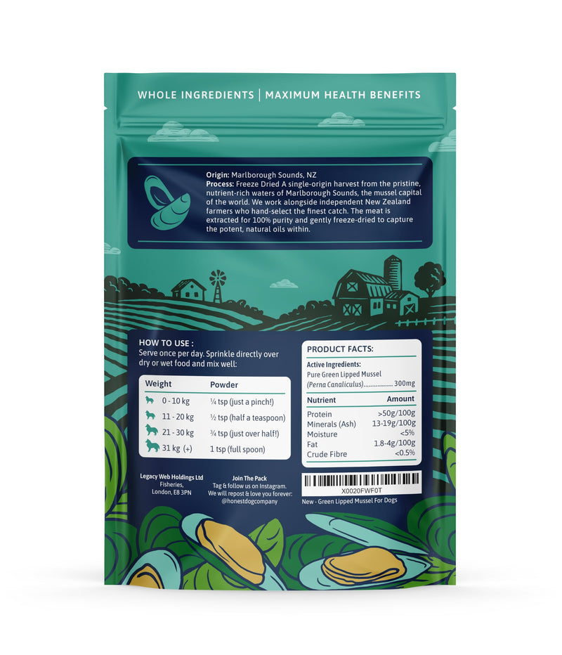 Green Lipped Mussel for Dogs | 100% Pure New Zealand Green Lipped Mussel Powder | Joint Supportwith Omega 3, Glucosamine & Chondroitin | Additive Free, Freeze Dried | 200g | by Honest Dog Co. 200 Grams
