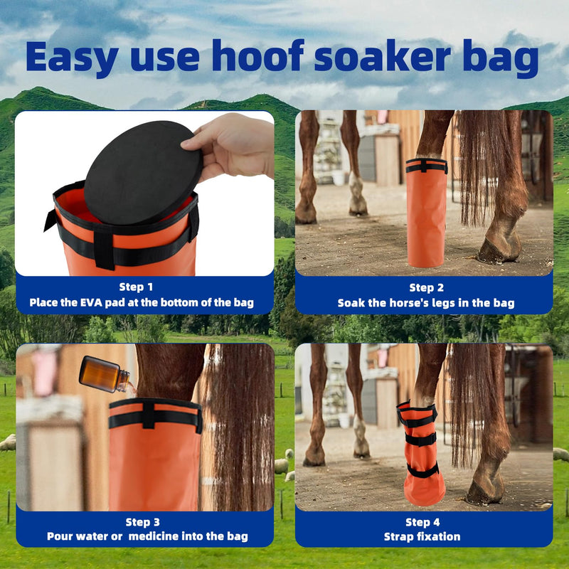 Horse Soaking Boot Equine Hoof Shoes Hoof Soaking Bag,Easy use Soaker Bag for Treating Common Hoof Ailments,Horse Leg Care ice Treatment Bucket with Quick fix Switch and EVA pad Orange