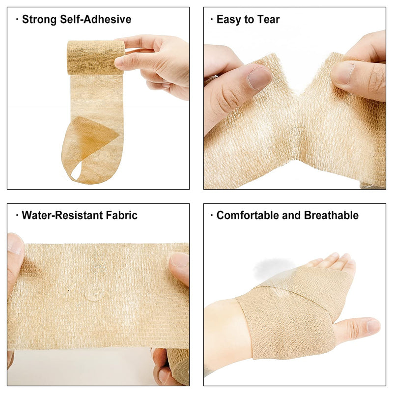 Self Adhesive Bandage Wrap(12 Pack, 3 Inch x 5 Yards), First Aid Medical Cohesive Bandage Tape, Breathable Elastic Sports Athletic Tape Wrap for Ankle, Wrist, Knee, Foot Sprains & Swelling(Tan) Brown - BeesActive Australia
