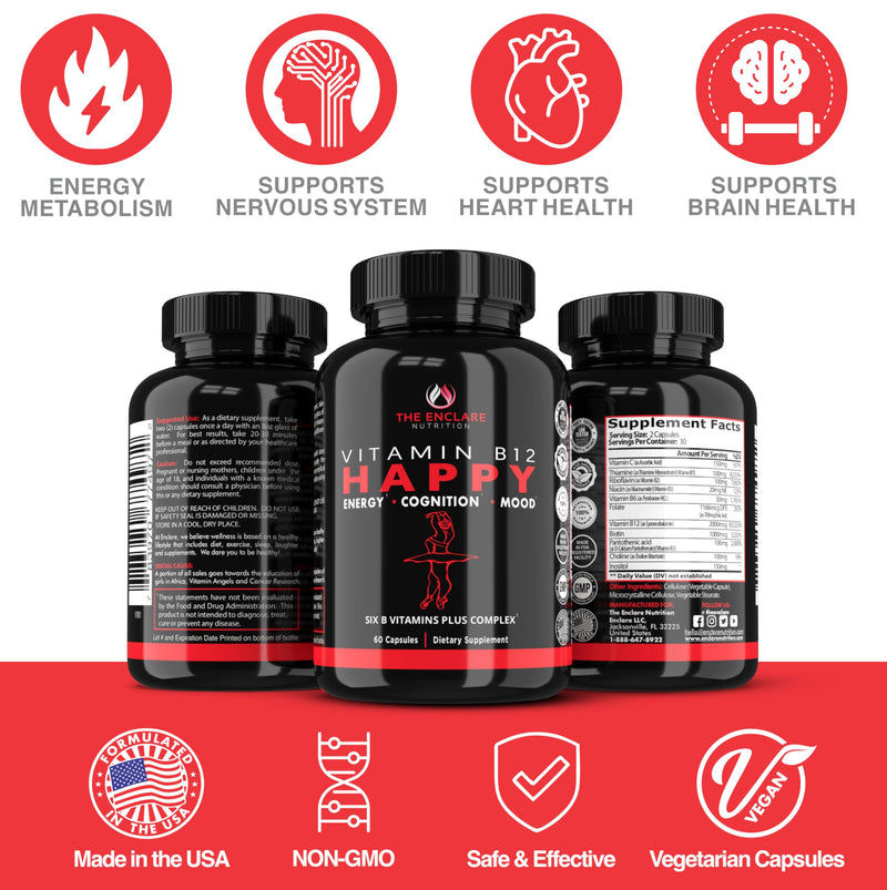 THE ENCLARE NUTRITION Vitamin B12 - Vitamin B Complex with Vitamin C, Biotin, Inositol, Folic Acid, B Vitamins, B1, B2, B3, B4, B5, B6, B7, B8, B9. Brain, Heart, Immune Support, Energy Supplements (1) 1