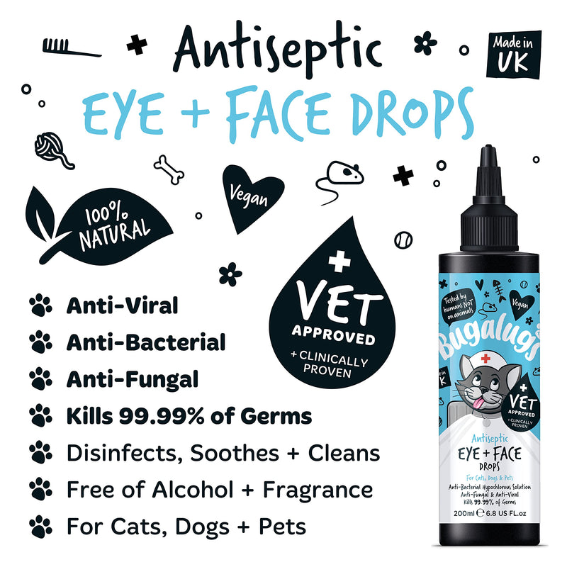 BUGALUGS Dog Eye Drops 200ml, Antiseptic eye drops for dogs, puppy, cats & animals. Antibacterial for dry, itchy, irritated, gunky & tear stain eyes. Eye Wash Cleaner Cat 200ml