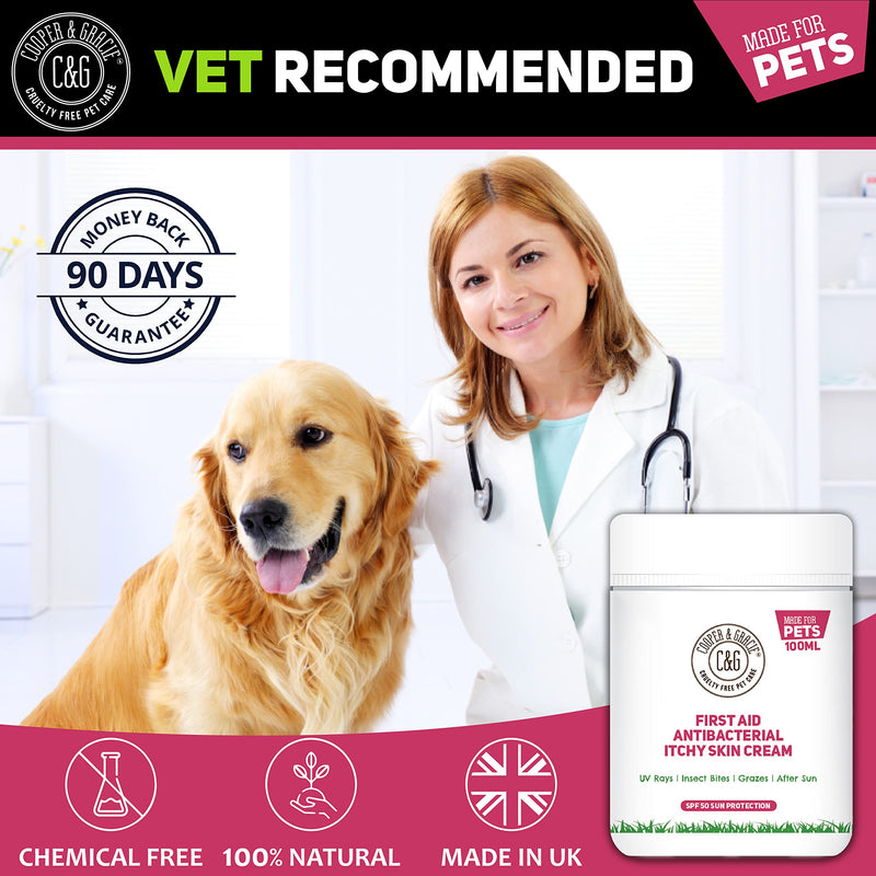 C&G Pets First Aid Antibacterial Itchy Skin Cream with SPF 50 | Natural Essential Oil | Maintains Cracked Itchy Skin | Lick Safe Non-Toxic Non-Irritant | Highly Absorbent Sun Cream for Dogs 100ml