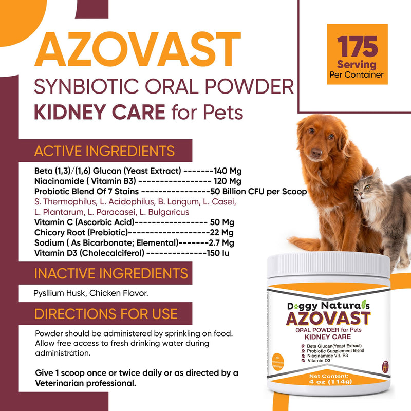 Azovast Powder Kidney Restores & Kidney Powder for Dogs & Cats, (4 Oz) - (175 Scoop/Jar) NO Refrigeration Required - Help Support Kidney Function & Manage Renal Toxins (Made in U.S.A) (4 Oz) 4 Oz (Pack of 1)