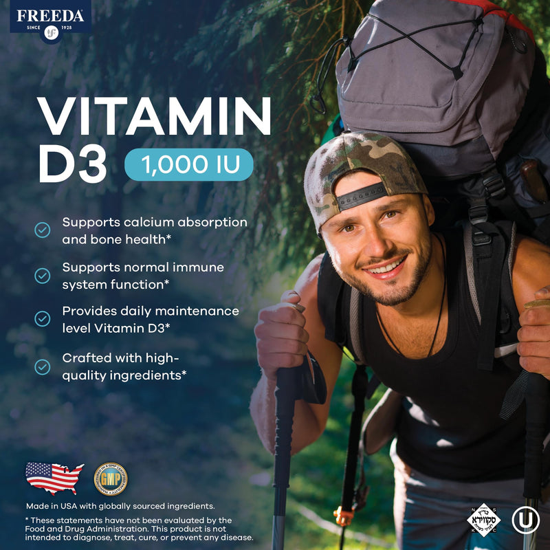 FREEDA Vitamin D3-1000 IU - Pure High Potency Kosher Supplement Tablets - Bone and Muscle Health, Calcium Absorption, Immune Support for Men and Women* - 100 Count | Supports Bone, Muscle & Immune Health – Helps Calcium Absorption – Easy-to-Swallow Tin...