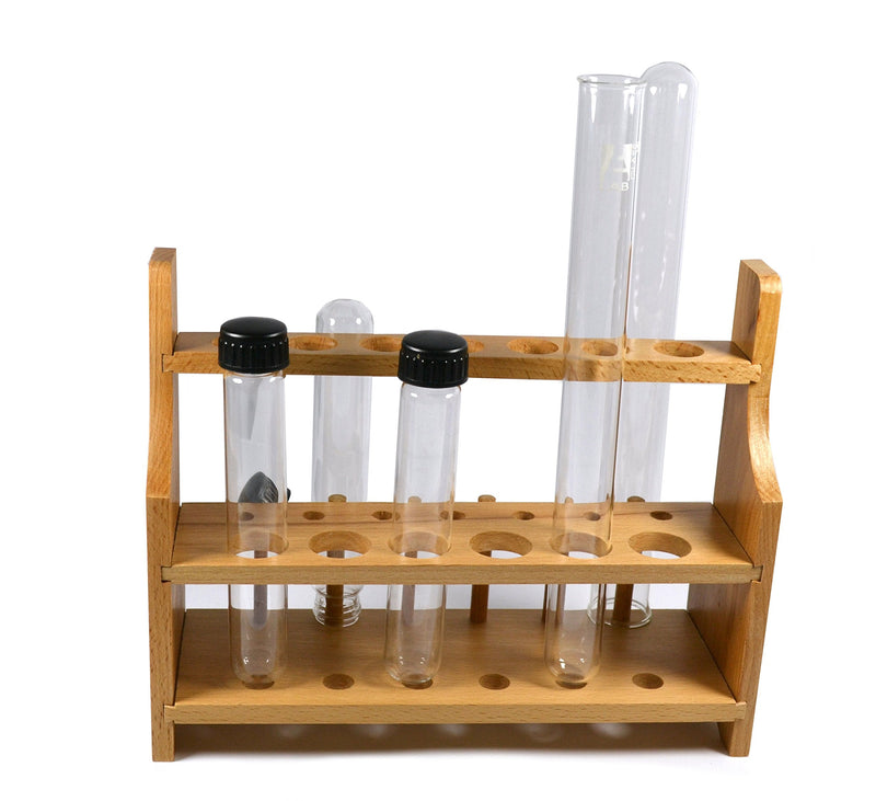 Laboratory Wood Test Tube Rack, 13 Hole, 6 Pin - 2 Shelves, Hole Size 20mm Lower - 26mm Upper - for Tall Test Tubes or stirrers - No Tip Design
