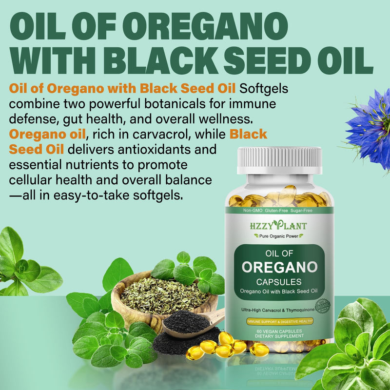 Oil of Oregano with Black Seed Oil Softgels, High Absorption Organic Oregano Oil Capsules for Immune Support Digestive Health Antioxidant, Concentrated Carvacrol & Thymoquinone, Vegan, 2 Month Supply