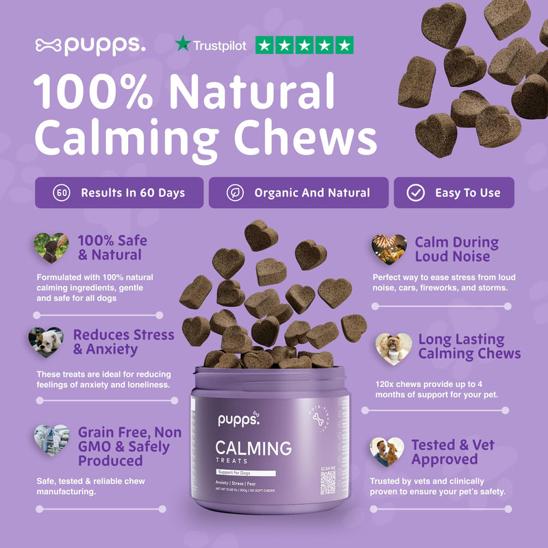 Pupps Calming Dog Treats – 120 Natural Anxiety & Stress Relief Chews | Vet Approved with Hemp, Chamomile & Valerian | Helps Reduce Barking, Separation Anxiety & Hyperactivity | UK Made for All Breeds 120 x Chews