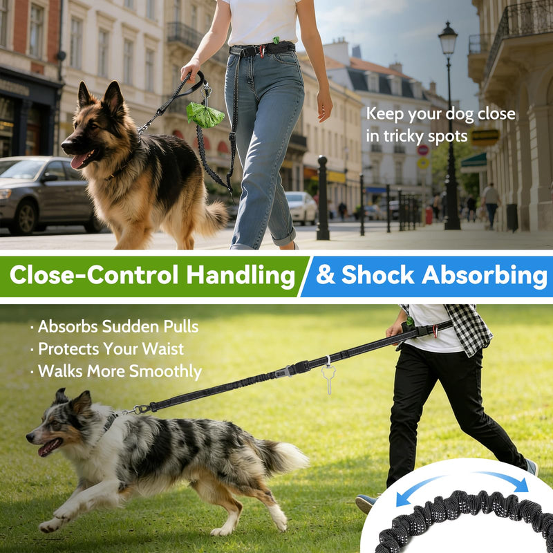 Hands Free Dog Leash 4-in-1, Adjustable 4–6 ft Waist & Crossbody Leash with Seat Belt Clip & Poop Bag Holder, Reflective & Heavy-Duty for Running, Walking, Hiking, Training Black
