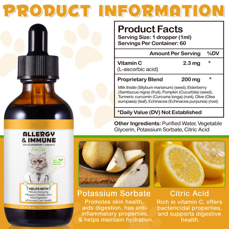 Cat Itchy Skin Relief, Antihistamine for Cats With Elderberry + Vitamin C, Antibiotics for Cats 100% Natural Ingredients 60ml