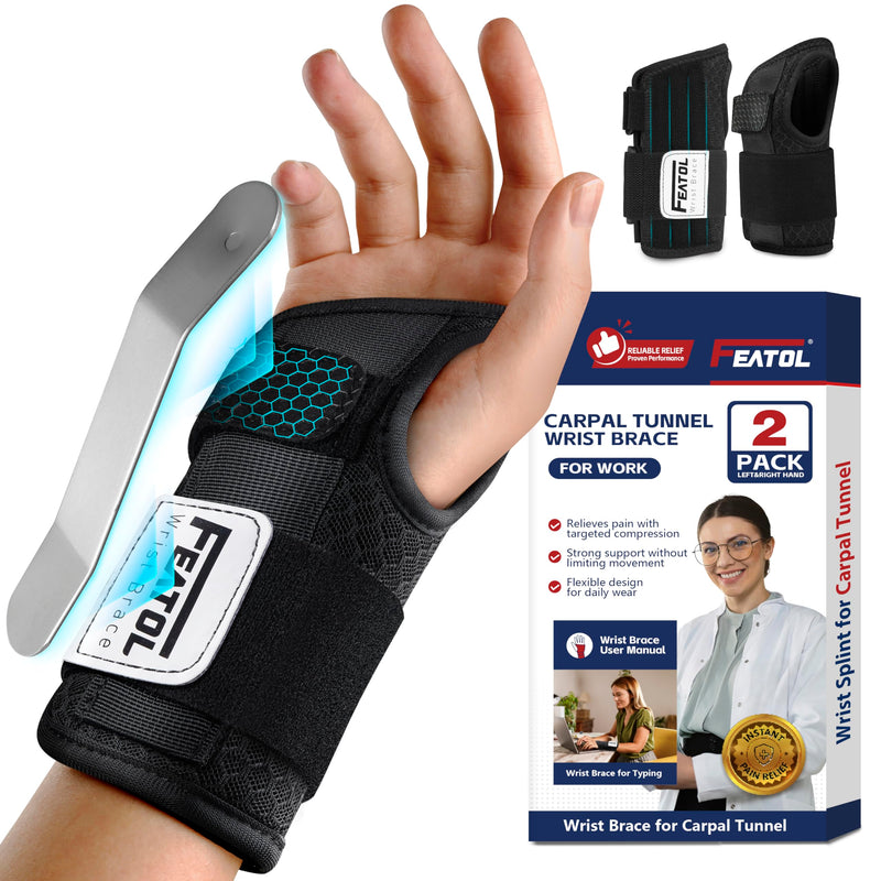 FEATOL 2 Pack Carpal Tunnel Wrist Brace For Work With Wrist Splint, 6.5'' Wrist Brace Night Support For Women Men, Pain Relief For Tendonitis, Arthritis, Pregnancy, Typing, Right and Left Hand, Medium 2 Pack (R and L)-Black.