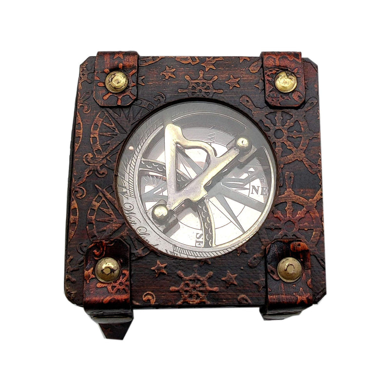 5MoonSun5's Antique Brass Sundial Compass Marine Boat Gift Pocket Sun Dial in Leather Display Box Nautical Marine Gift Sun Clock Pirate Ship Replica Watch Steampunk Accessory - BeesActive Australia