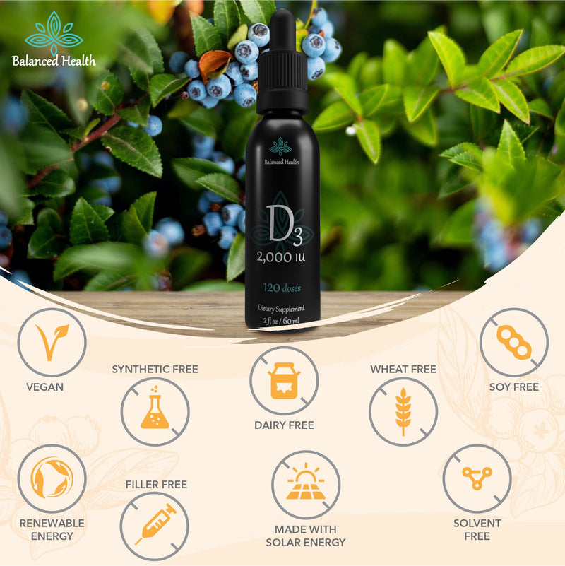 Balance Health D3 2,000 IU, 2 Fl Oz, 120 Doses, Blueberry Flavor, Liquid Vitamin D Drops w MCT Oil for Faster Absorption, Non GMO Vegetarian Safe 2 Fl Oz (Pack of 1)