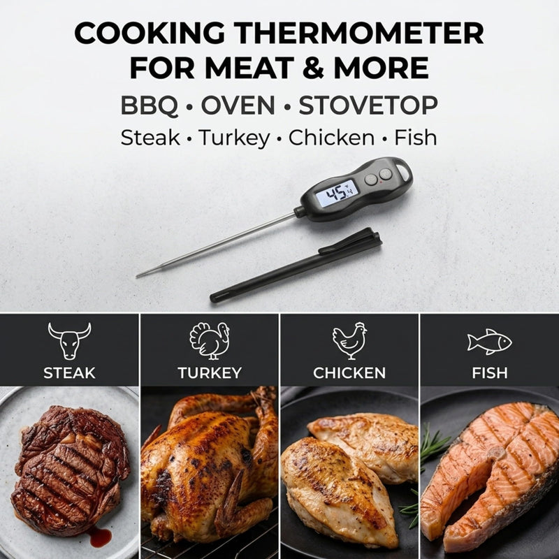Meat Thermometer Digital with Backlight – Instant Read Food Thermometer Waterproof for Cooking BBQ Grilling Steak Bread Baking Turkey Candy Oil Liquid (Black) Black