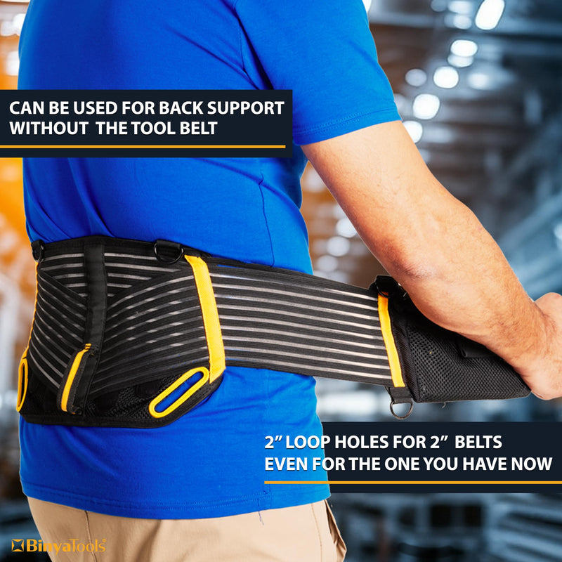 BINYATOOLS Tool Belt with Lumbar Back Support for Tradesman Pro Construction Electrician 2" Tool Belt for Men Orthopedic Lower Back Brace for Heavy Lifting Lightweight with D Rings and Pockets- XL Extra large