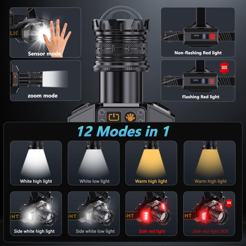 LED Headlamp Rechargeable，4000 Super Bright Head Lamp with 12 Modes & 90H Long Battery Life & Motion Sensor & IPX7 Waterproof,90° Adjustable Headlight for Outdoor Camping, Cycling, Hiking