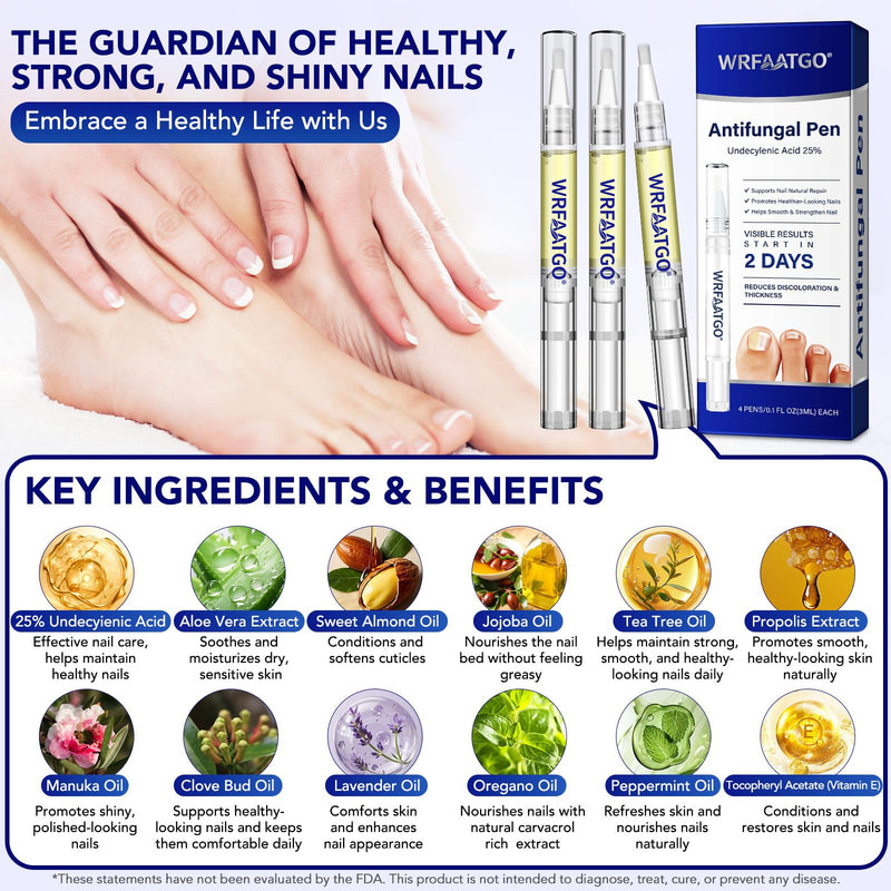 Toenail Fungus Pen, Toenail Fungus Treatment Extra Strength, 25% Undecylenic Acid for Fingernails & Toenails, Toe Nail Treatment, 4PCS Fungal Nail Care Pen with Tea Tree Oil & Oregano Oil