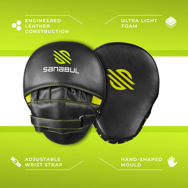 Sanabul Essential Curved Punching Mitts for Boxing, MMA Muay Thai Boxing Pads for Training, Punch Focus Mitts, Hand Pads Sparring Gear, Strike Shield Black/Green
