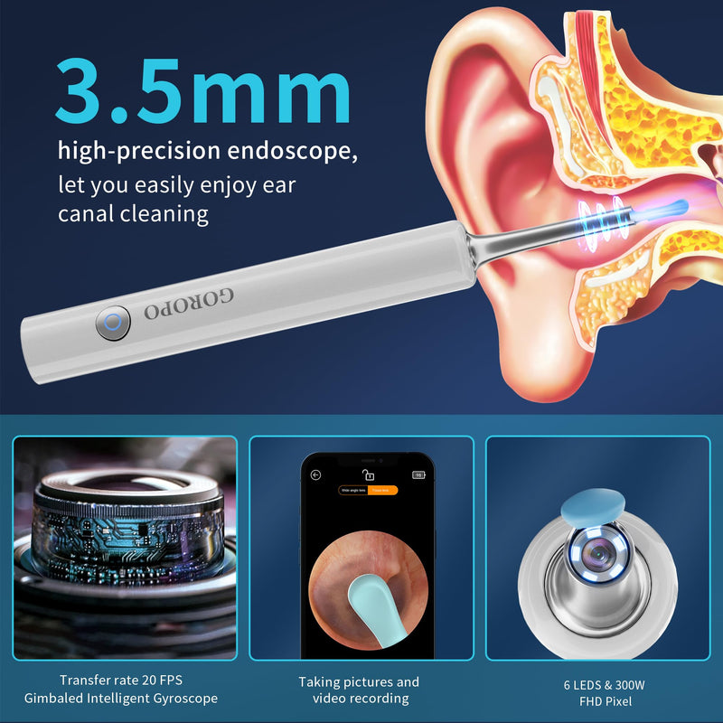 Ear Wax Removal, Ear Cleaner with HD Ear Camera, Wireless Ear Otoscope Earwax Remover Kit with 4 Ear Pick & 6 LED Lights, Ear Cleaning Tool for iOS & Android, White - BeesActive Australia
