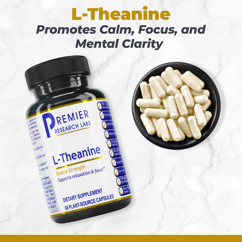 Premier Research Labs L-Theanine Double Strength - Pure L Theanine Supplement 200mg, Focus & Energy Support for Men & Women, Amino Acid for Relaxation, Support for Adults & Kids - 60 Vegan Capsules