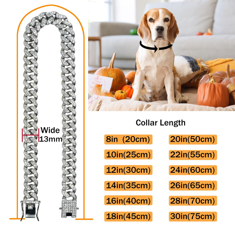 Length Adjustable Dog Chain Collar Diamond-Studded Cuban Link 13mm Wide Dog Necklace Jewelry Accessories 4 Colors 8-30in for Small Medium Large Dogs/Cats (Silver, 22in) Silver - BeesActive Australia