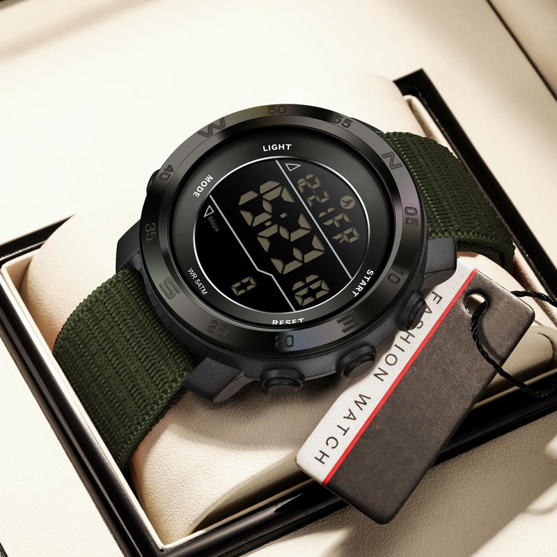 findtime Mens Digital Sport Watch Pedometer Step Counter Watches Military Minimalist Waterproof Tactical Outdoor Army Wrist Watch Dual Time Led Countdown Stopwatch Alarms Nylon Strap, No App Green