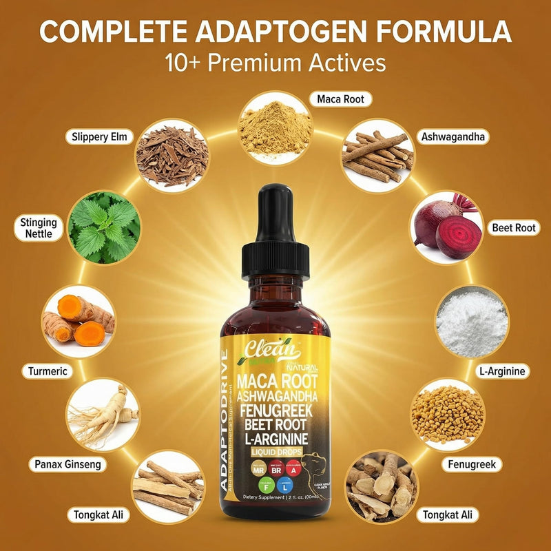 Clean Nutra Organic Maca Root Liquid Drops with Ashwagandha, Fenugreek, Beet Root and L-Arginine Liquid Multivitamin for Women and Men - Adapto Drive 1