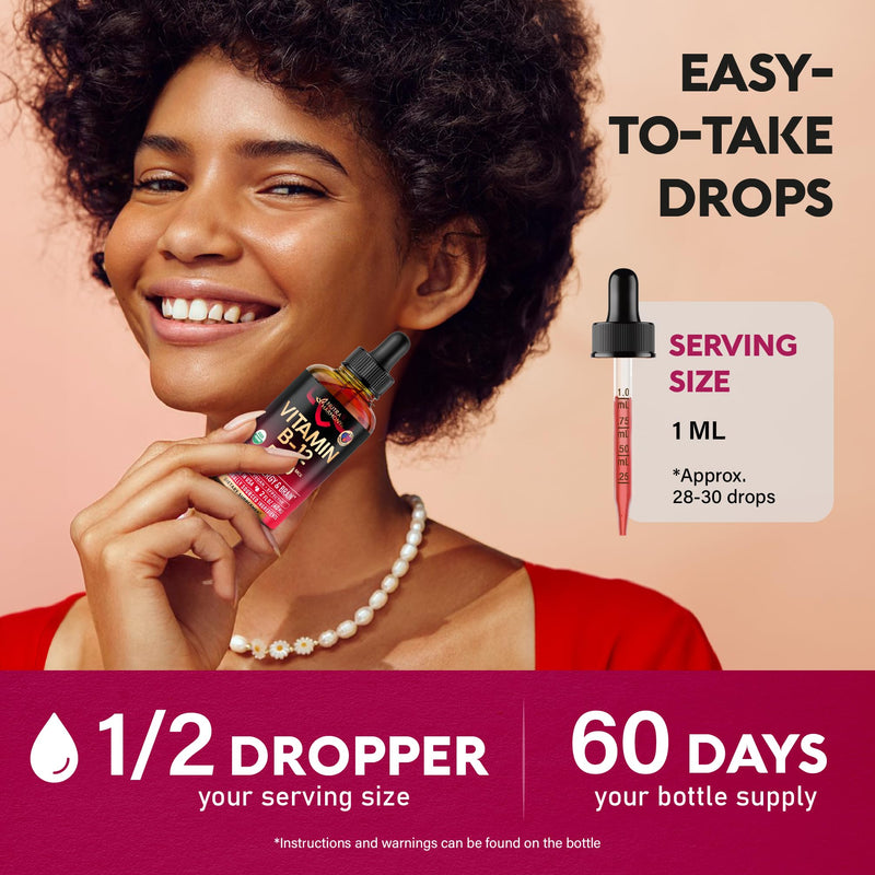USDA Organic Vitamin B12 Sublingual Drops - Methylcobalamin 5000 mcg - 2 Oz | Vitamin B12 for Women & Men - Energy Boost, Focus & Brain Support - Bioavailable - Berry Flavor, Sugar-Free - 60-Day Supply Drops 2 fl oz