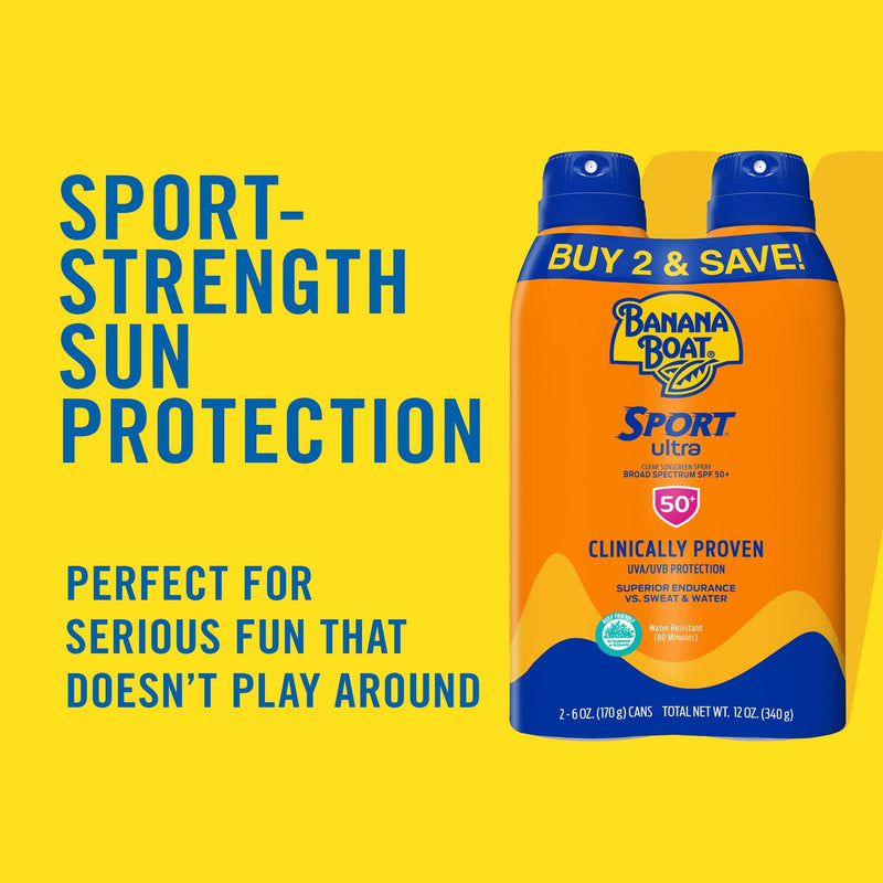 Banana Boat Sport Ultra SPF 50 Sunscreen Spray Twin Pack | Banana Boat Sunscreen Spray SPF 50, Spray On Sunscreen, Water Resistant Sunscreen, Oxybenzone Free Sunscreen Pack, 6oz each 6 Ounce (Pack of 2) - BeesActive Australia