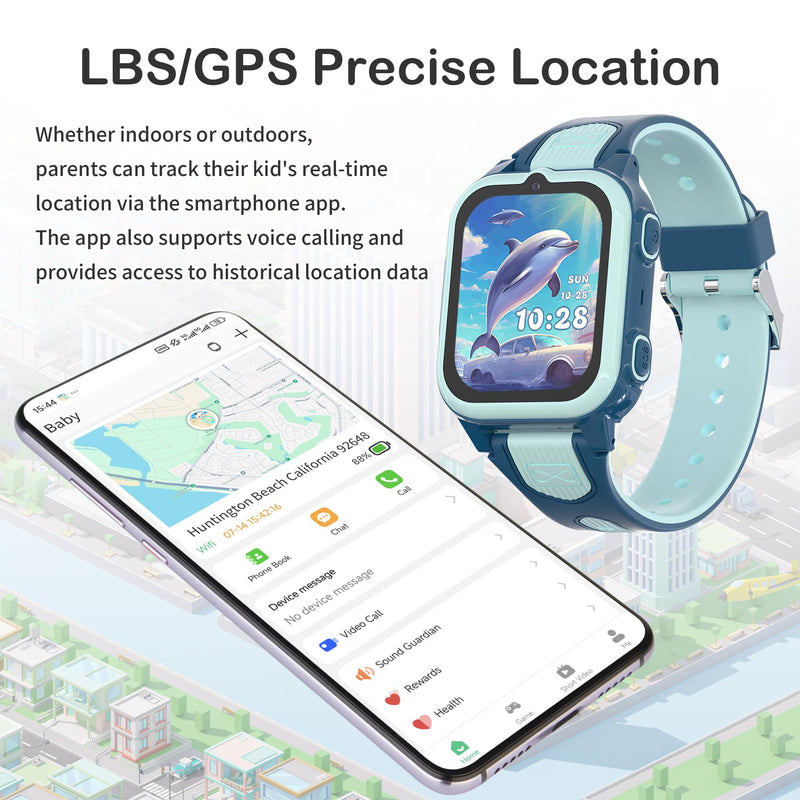 4G Kids Smart Watch with GPS Tracker Video Voice Calling Text Chat SOS Call, Waterproof Smartwatch Age 5-12, Wallpaper Store School Model Camera Pedometer Games Alarm Clock Stopwatch for Kids(Blue)