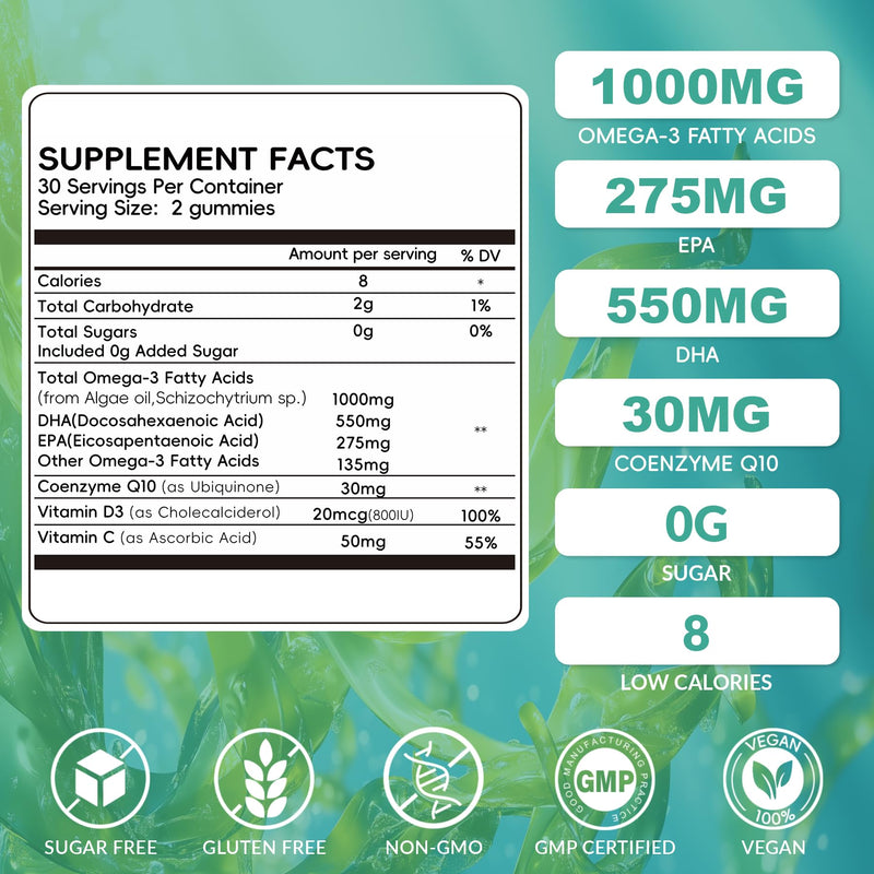 Vegan Omega-3 Algae Oil Supplement with DHA 300mg & EPA 150mg, Plant-Based Omega-3 with Vitamin D3 & K2, Fish-Free Algal Oil Softgels for Men & Women, 2 Pack, 120 Softgels, 60 Day Supply 60 Count (Pack of 2)