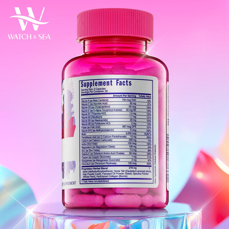 Watch & Sea Hair Flourishing Extra-Strength Capsules - Nourishing Hair Supplement with Biotin, Herbs, Minerals and Vitamins for Hair Growth and Thickness for All Hair Types - 60 Capsules
