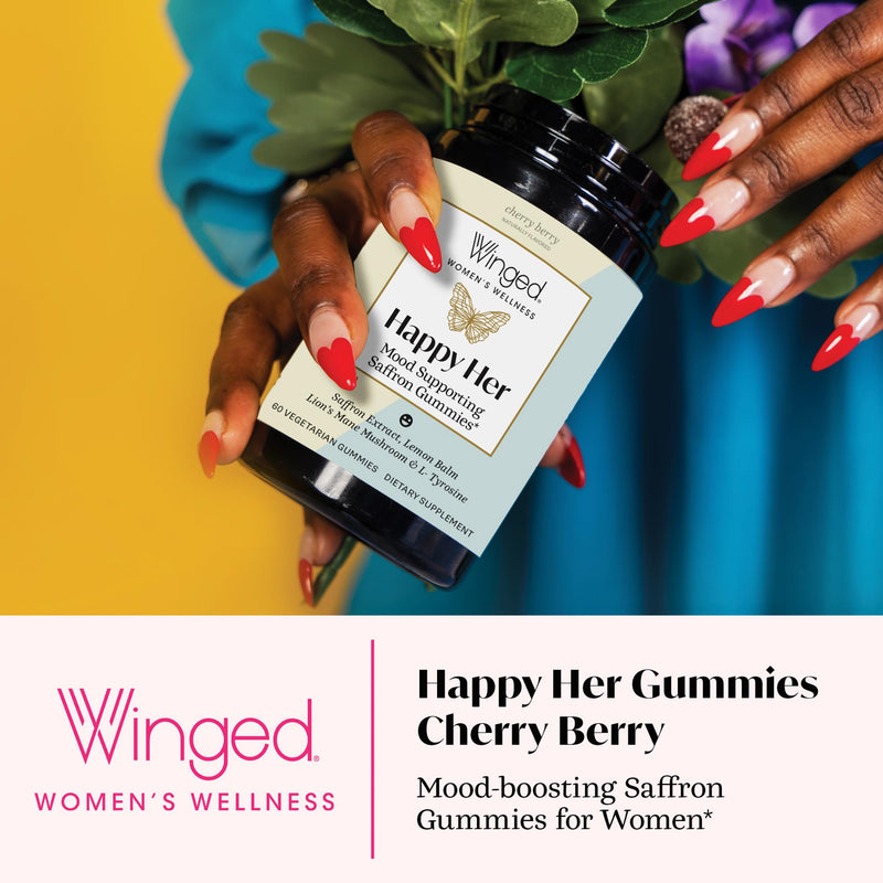 Winged Wellness Happy Her, Daily Mood Support Gummies for Women, 60 Gummies | Daily Mood Enhancer Vegan Supplement - Saffron, L-Tyrosine, Lemon Balm, & Lions Mane Mushrooms for Balance & Calming Relief 60 Count (Pack of 1)