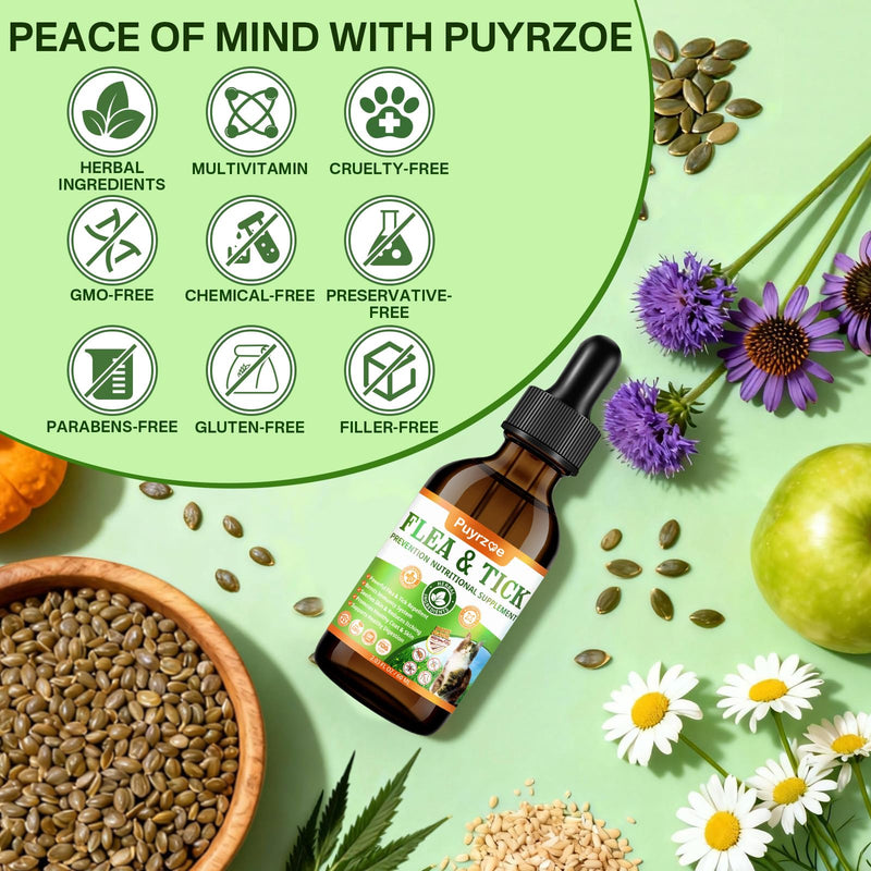 Puyrzoe Cat Flea Treatment, Natural Oral Flea and Tick Prevention for Cats Drops with Pumpkin Seed, Echinacea & Omega-3/6/9- Support Immunity, Healthy Skin & Coat, Digestion & Overall Wellness, 60 ML