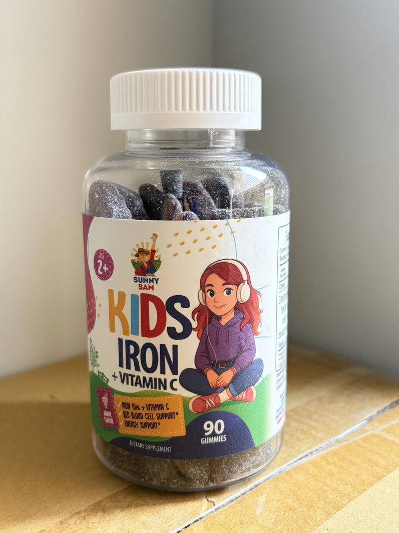 SUNNY SAM Iron Gummies for Kids & Teens - 10mg Iron Vitamins with Vitamin C - Low-Sugar Chewable Gummy Supplement for Immune Support, Supports Red Blood Cell Production for Children & Teen Girls 90 Count (Pack of 1)