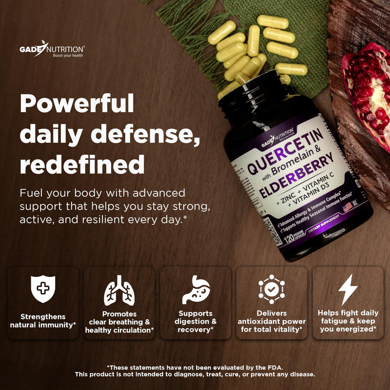 Gade Nutrition Quercetin with Bromelain Elderberry Vitamin C and Zinc | Sambucus Immune Support Supplement 500mg Capsules | Gluten-Free | Made in USA | 2 Month Supply Third Party Tested 120 Count (Pack of 1)
