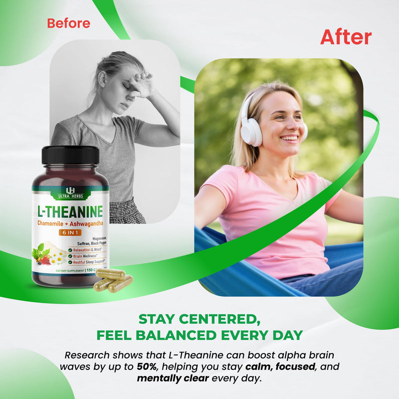 L-Theanine Supplement - 6 IN 1 Complex Enriched with Magnesium, Ashwagandha, Saffron, Chamomile - Support Relaxation, Calmness & Sleep Quality | 150 Capsules 150-day supply (pack of 1)