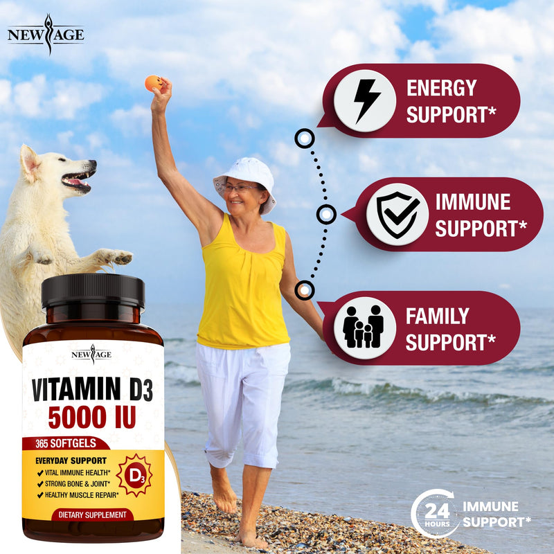 NEW AGE Vitamin D3 5000 IU 125mcg Softgels - Support Immune Support, Strong Bone Health - Non-GMO, Gluten-Free, Dairy-Free,1 Year Supply (360 Softgels (Pack of 1))